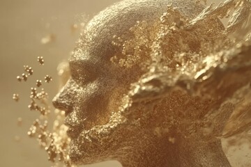 Cognitive biases Cognition Golden abstract face dissolving into particles symbolizing the ephemeral nature of human identity and consciousness in a digitalized world