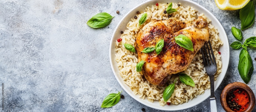 Aufkleber cooked whole chicken and brown rice accompanied by salt pepper basil fried lemon knife and fork on a
