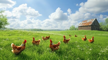 A scenic view of chickens roaming on a lush green field with a rustic barn under a bright blue sky with fluffy clouds in the background.