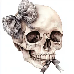 Gothic skull with lace bow, watercolor clipart illustration with white isolated background.