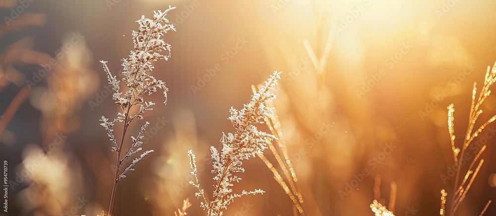 Poster close up of a dry winter plant during sunset evoking nostalgia in a calming natural background with 
