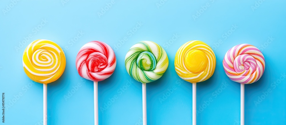 Poster Colorful candies and a lollipop against a vibrant background presented in a multicolored minimal style top view. with copy space image. Place for adding text or design
