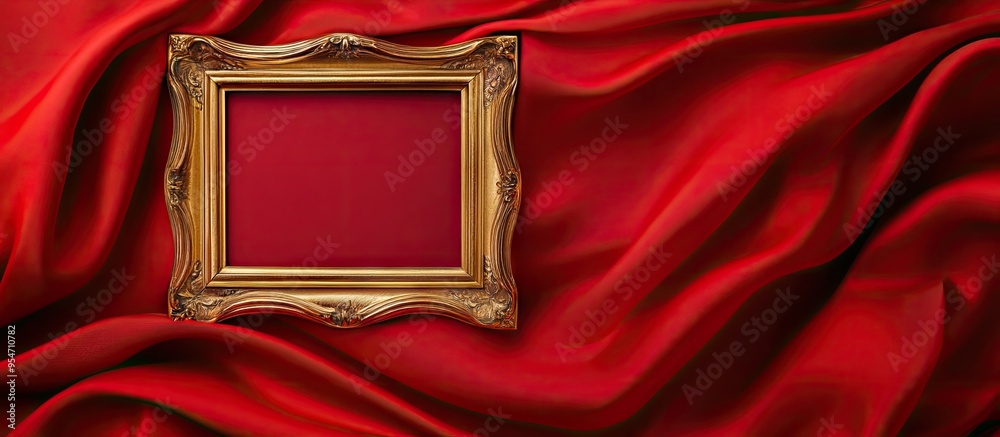 Poster Antique gold photo frame red fabric backdrop. with copy space image. Place for adding text or design