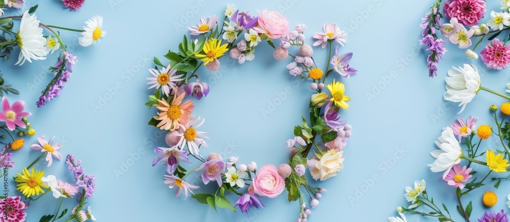 Aufkleber Spring circle frame floral arrangement on a blue background with copyspace for text Flat lay top view Concept for an Easter greeting card and poster