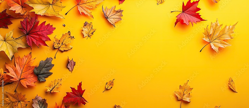 Fototapete autumn festive backdrop featuring palmate maple leaves on a yellow background. with copy space image