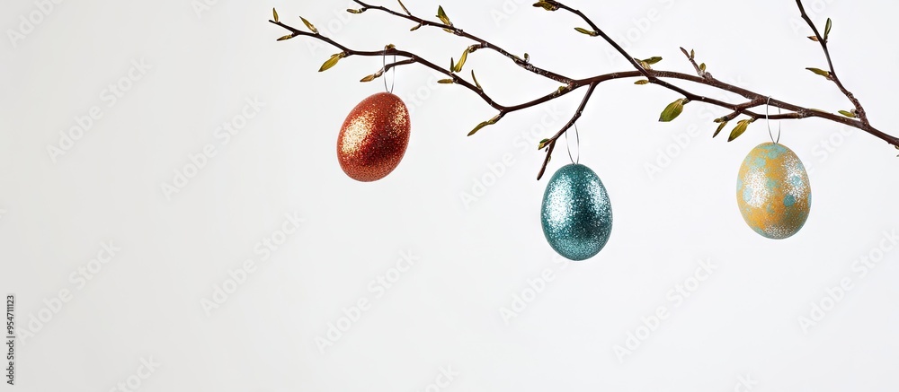 Poster Decorative sequin eggs dangle from a branch against a white background creating an Easter backdrop with copy space