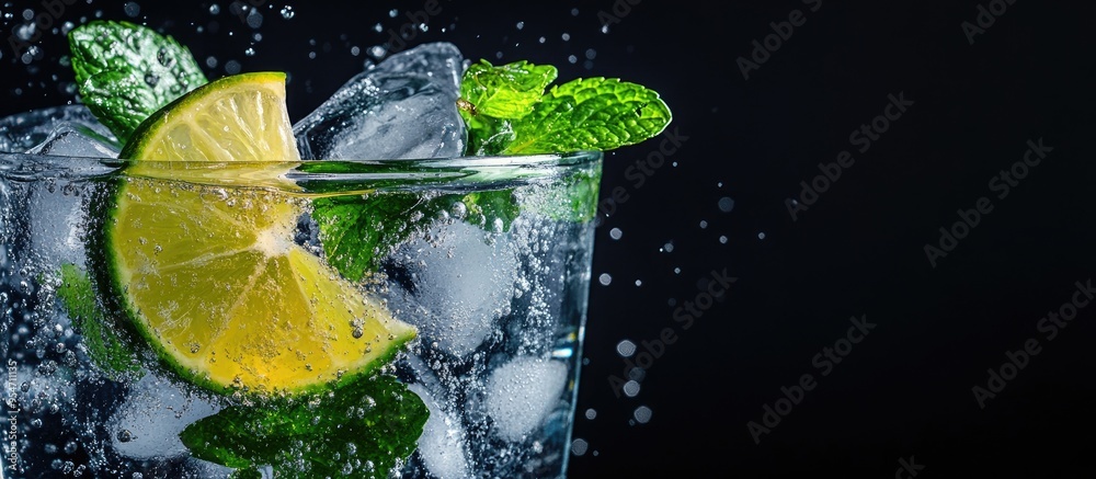 Leinwandbilder a glass containing cold natural drinks with ice lime and mint is set against a black background clos