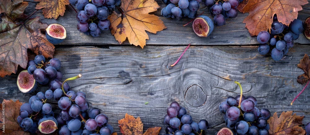Poster frame of purple wild grape leaves grapes plums and figs on a gray wooden background top view flat la