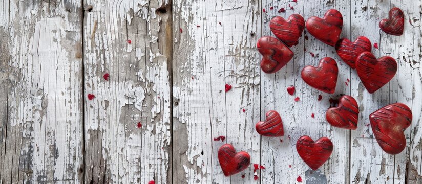 Valentine s Day greeting card featuring hearts on a rustic wooden background with copy space