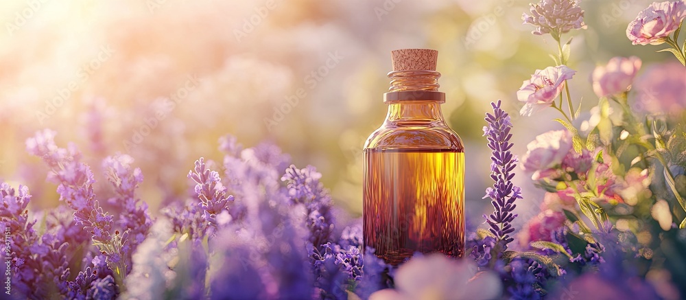 Aufkleber lavender oil in a glass bottle set against a backdrop of fresh flowers aromatherapy. with copy space