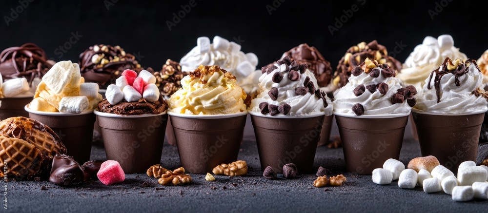 Poster Ice cream in waffle cups adorned with sweets marshmallows and nuts against a dark background The surface has copy space for text