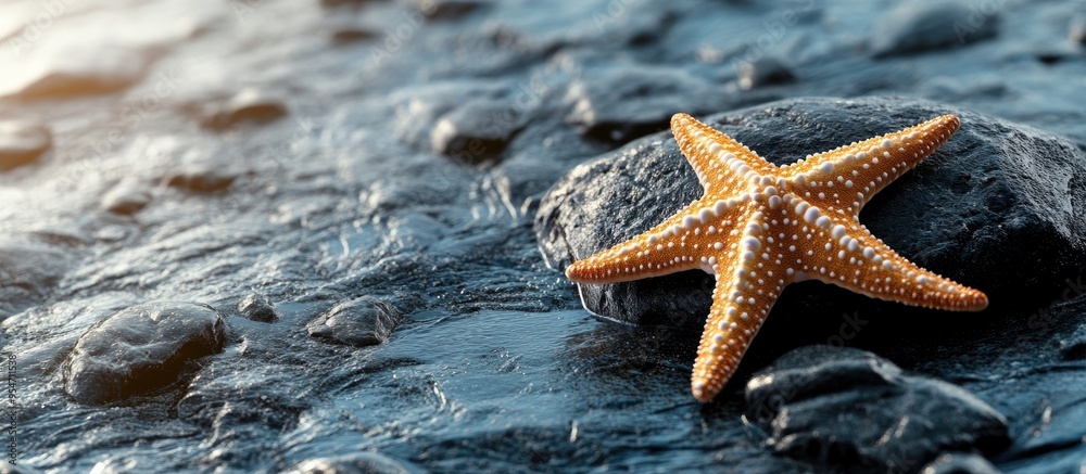 Poster Lovely starfish on black stone by the sea room for text. with copy space image. Place for adding text or design