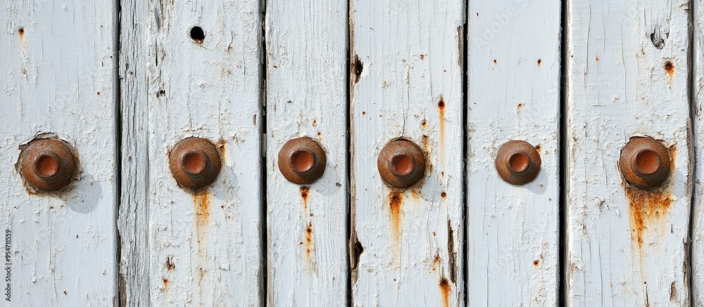 Poster White slat set with rusted screws has stains and cracks. with copy space image. Place for adding text or design