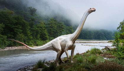 A photorealistic depiction of an Apatosaurus wandering through a misty, prehistoric river valley. 