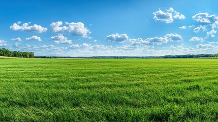 Obraz premium Beautiful natural scenic panorama green field of cut grass into and blue sky with clouds on horizon. Perfect green lawn on summer sunny day with generative ai