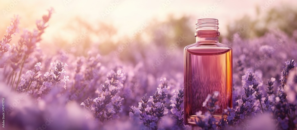 Aufkleber lavender oil in a glass bottle set against a backdrop of fresh flowers aromatherapy. with copy space