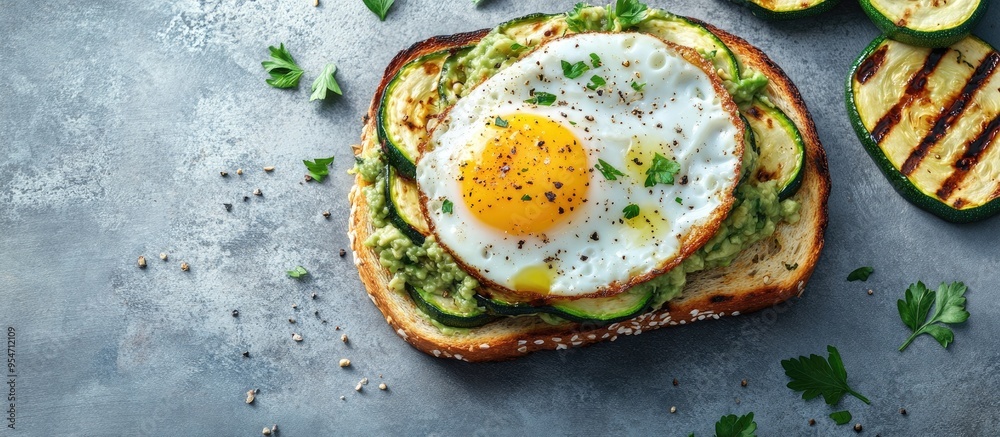 Aufkleber breakfast toast topped with avocado guacamole grilled zucchini and a fried egg brunch top view flat 