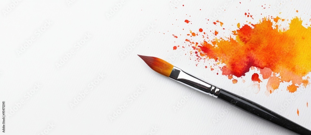 Aufkleber watercolor and paintbrush on a white background flat lay top view. with copy space image. place for 
