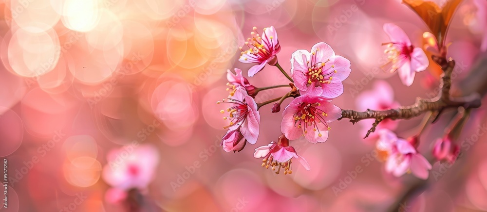 Poster background of blooming pink flowers a decorative flowering japanese cherry branch in a spring garden