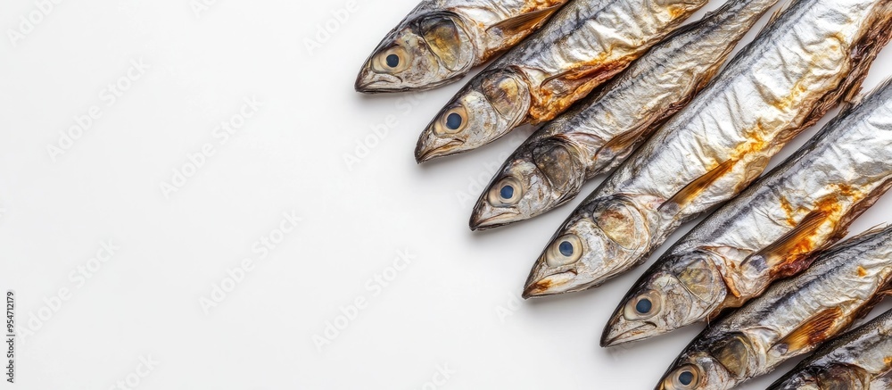 Fototapete Dried Atka mackerel on a white background top view. with copy space image. Place for adding text or design