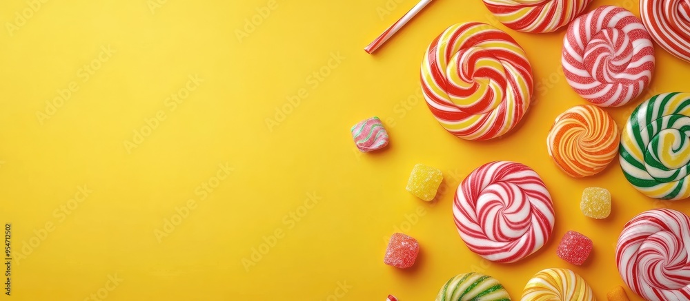 Fototapete colorful spiral lollipops and a variety of candies on a yellow background. with copy space image. pl