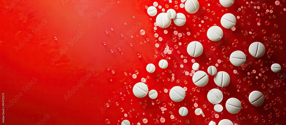 Poster several white tablets are arranged on a vibrant red background resembling a bacterium background ima