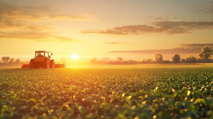 Fototapeta premium A tractor working in a lush green field during a beautiful sunset, symbolizing agricultural productivity and natural beauty.