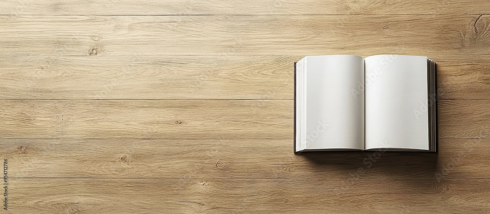 Poster top view of a book placed on a light brown wooden table. with copy space image. Place for adding text or design