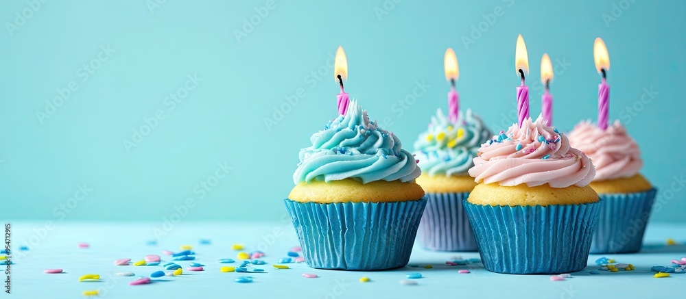 Poster Birthday cupcakes with candles set against a light blue background Space for text. with copy space image. Place for adding text or design