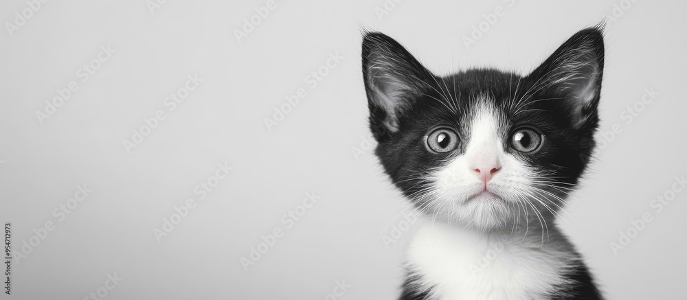 Poster a black and white kitten with a humorous little face. with copy space image. Place for adding text or design