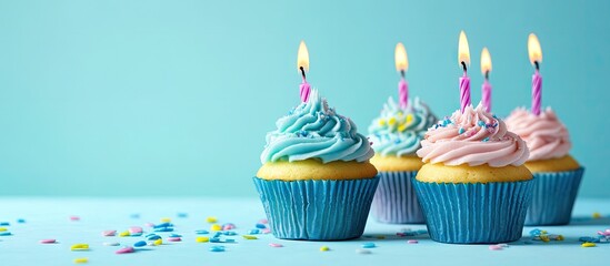 Birthday cupcakes with candles set against a light blue background Space for text. with copy space image. Place for adding text or design