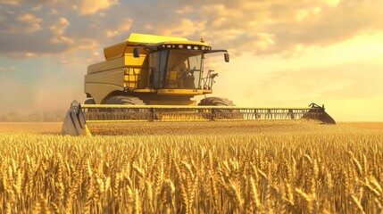 Obraz premium A yellow combine harvester working in a golden wheat field during sunset, capturing the essence of agriculture and rural landscape.