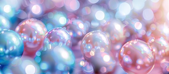 a stunning array of vibrant blue and pink shiny pearls on a gentle pink background with copy space