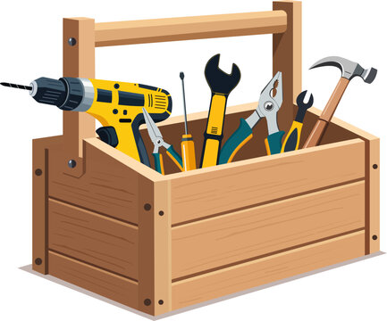 Wooden toolbox full of equipment: drill, hammer, pliers, spanner, screwdriver. Flat style vector illustration isolated on white background.