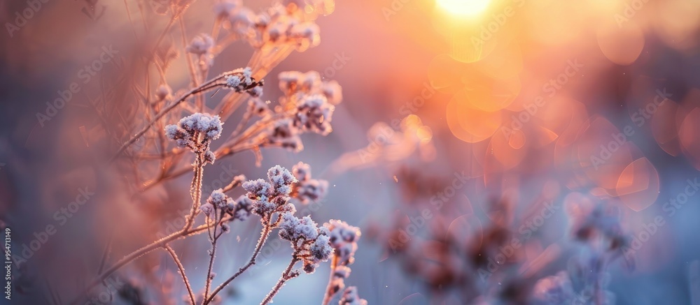 Poster close up of a dry winter plant during sunset evoking nostalgia in a calming natural background with 