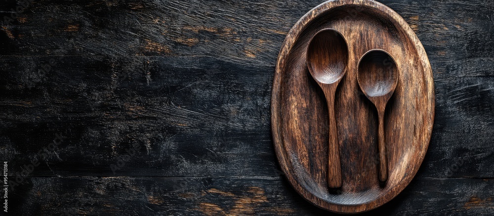 Leinwandbilder Vintage silverware Rustic vintage wooden spoon and fork set on a wooden platter against a black wooden background Empty dishes Top view Mock up. with copy space image. Place for adding text or design