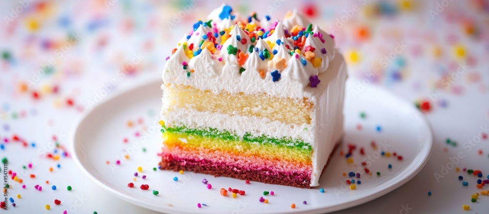 Poster A blank cake with vibrant rainbow cream on a white background adorned with colorful sprinkles and drizzled with chocolate Simple minimalism. with copy space image. Place for adding text or design
