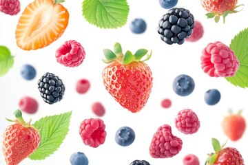 Flying fresh berries: Strawberries, Raspberries, Blueberries and Blackberries on white background.