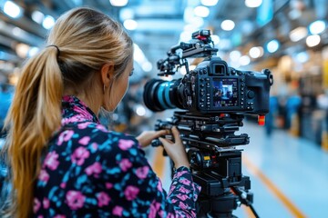 A woman is seen operating a professional camera with a large lens in an indoor setting, focusing intently on capturing the perfect shot amidst a brightly lit environment.