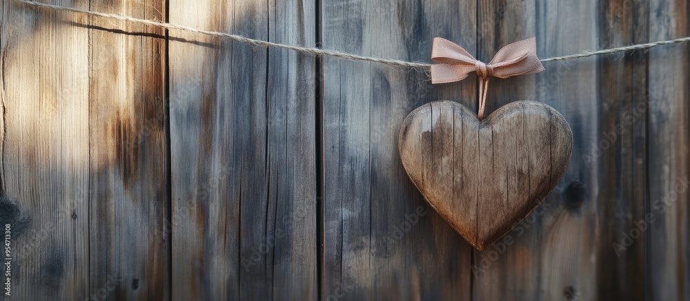 Poster wooden heart ornament with ribbons suspended on a clothesline against an aged wooden backdrop. with 