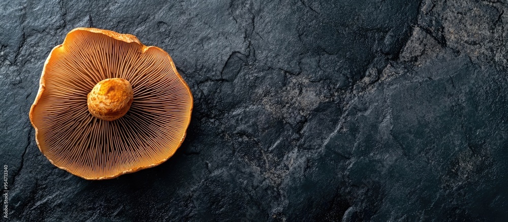 Poster top view of a mushroom on a black granite surface copy space dark mode