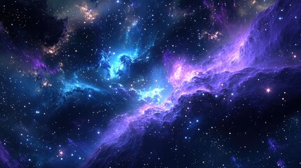 Obraz premium A glowing metaverse with violet and blue fractal shapes, stars scattered across a vast, cosmic backdrop