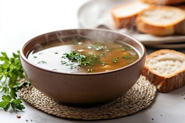 a beautifully composed photo of a bowl of steaming hot soup on a natural fiber placemat, with a few slices of bread nearby