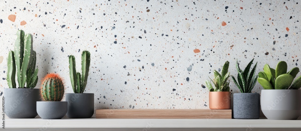 Poster Panoramic view of a desk featuring a terrazzo pattern along with a wooden mockup frame and cacti in gray pots. with copy space image. Place for adding text or design
