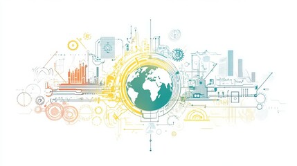Obraz premium A line drawing depicts the interconnectedness of world future technology: a globe, cogs, circuitry, and a microchip, symbolizing the convergence of global communication, advanced engineering