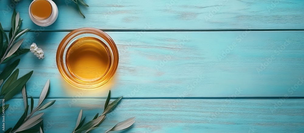 Poster spa arrangement featuring tea tree oil on a blue wooden surface. with copy space image. place for ad