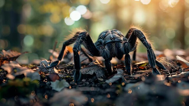 Close-up of tarantula on forest floor, natural habitat. Wildlife and biodiversity concept