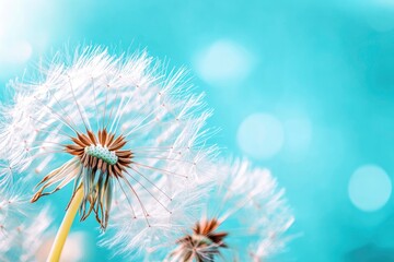 Beauty in nature dandelion seeds closeup blowing in blue green turquoise background. Closeup of dandelion on meadow background, artistic nature macro. with generative ai