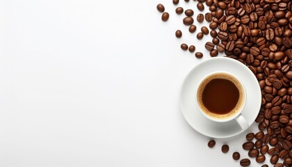 A coffee cup and beans on a white background are perfect for coffee shop menus, websites, or social media posts