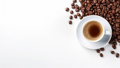 A coffee cup and beans on a white background are perfect for coffee shop menus, websites, or social media posts